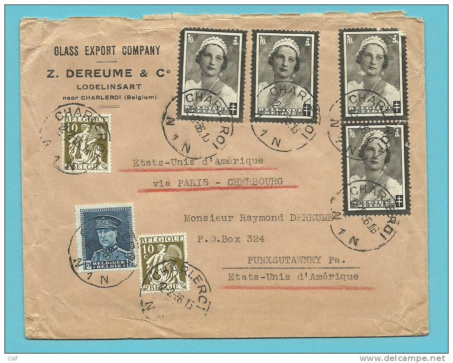 320+337+415 Op Brief Met Stempel CHARLEROI, Naar U.S.A. , Vermeld: Etats-Unis D'Amerique Via Paris-Cherbourg !!!!!! - 1932 Cérès Et Mercure