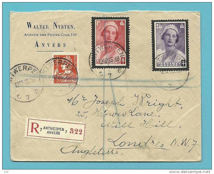 336+412+415+416+418 Op AANGETEKEND Brief Met Stempel ANTWERPEN Naar LONDRES (G.B.) - 1932 Ceres And Mercurius