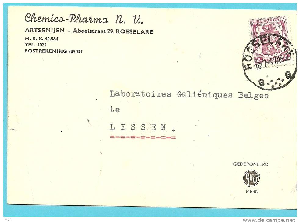 711 Op Kaart Met Firmaperforatie (perfin) Van "Chemico-Pharma" Te ROESELARE - 1934-51