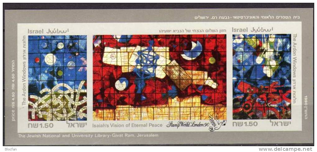 Glasfenster STAMP WORLD LONDON 1990 Israel Block 41 **/o Plus Souvenirsheet 125€ Bibliothek Art Blocs Philatelic Bf Asia - Non Dentelés, épreuves & Variétés