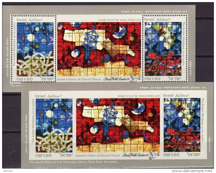 Glasfenster STAMP WORLD LONDON 1990 Israel Block 41 **/o Plus Souvenirsheet 125€ Bibliothek Art Blocs Philatelic Bf Asia - Geschnittene, Druckproben Und Abarten