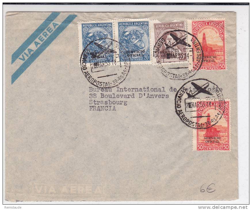 ARGENTINA - 1953 - ENVELOPPE Par AVION Avec TIMBRES De SERVICE  Pour STRASBOURG - Servizio