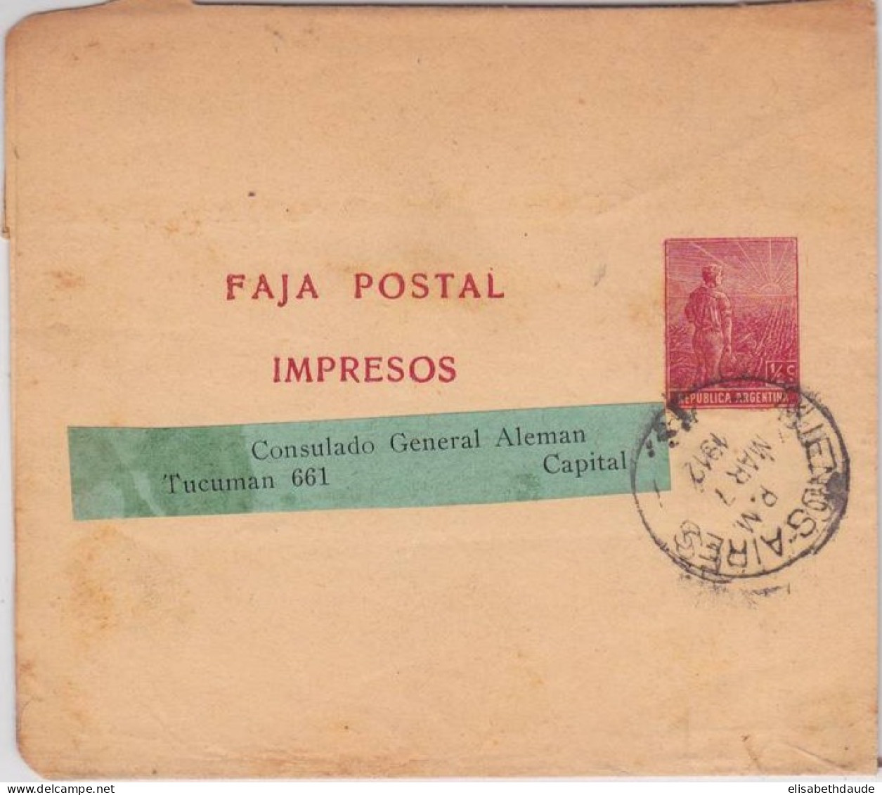 ARGENTINA - 1912 - BANDE JOURNAL ENTIER POSTAL De BUENOS AIRES Pour Le CONSULAT GENERAL ALLEMAND - Postal Stationery