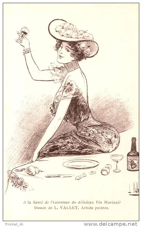 ILLUSTRATEUR  L VALLET  FEMME ILLUSTRATION  CARTE PUBLICITAIRE VIN MARIANI PUBLICITE  SUPERBE  ! ! ! - Vallet, L.