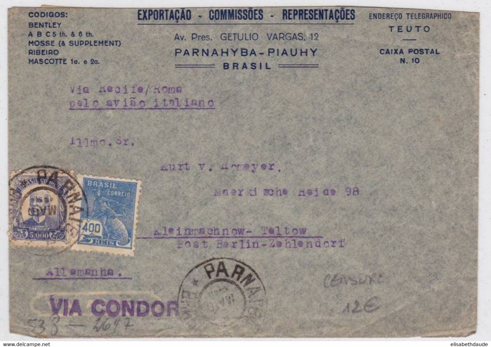 BRESIL - 1940 - ENVELOPPE Par AVION "VIA CONDOR" Avec CENSURE De PARNAHYBA Pour BERLIN (GERMANY) - POSTE AERIENNE - Lettres & Documents