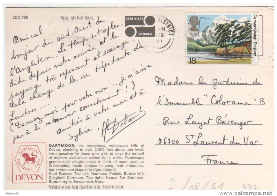 Timbre Yvert N° 997 / Carte Du ? / 08 / 81 De Dartmoor  Devon, 2 Scans - Storia Postale