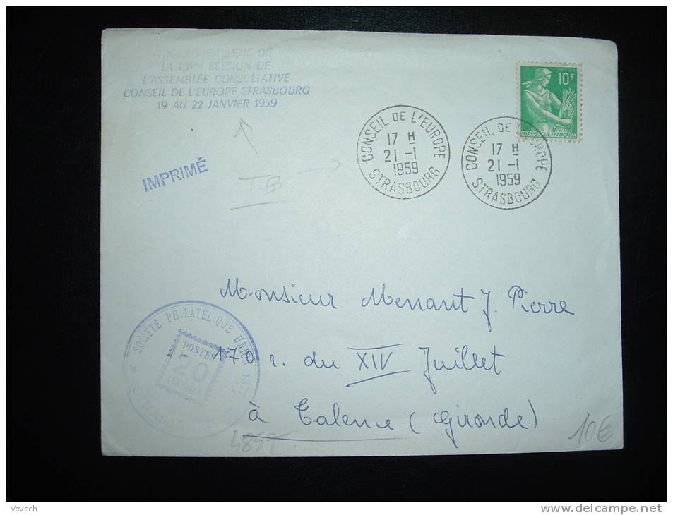 LETTRE TYPE MOISSONNEUSE 10 F OBL. 21-1-1959 CONSEIL DE L'EUROPE STRASBOURG (67 BAS-RHIN) - 1957-1959 Oogst