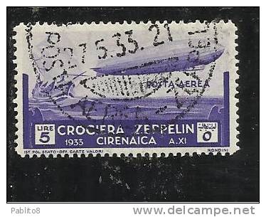 COLONIE ITALIANE CIRENAICA 1933 CROCIERA ZEPPELIN LIRE 5 TIMBRATO USED - Cirenaica