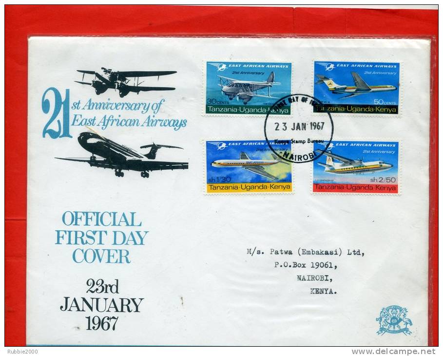 EAST AFRICAN AIRWAYS 1967 TANZANIE OUGANDA KENYA AVION AVIATION OFFICIAL FIRST DAY COVER - Kenya, Ouganda & Tanzanie