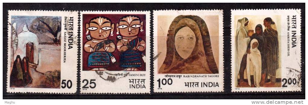 India Used 1978, Set Of Modern Indian Paintings Jamini Roy Mookherjee 'Mosque' Tagore 'Head', Amrita 'The Hill', (sample - Gebraucht
