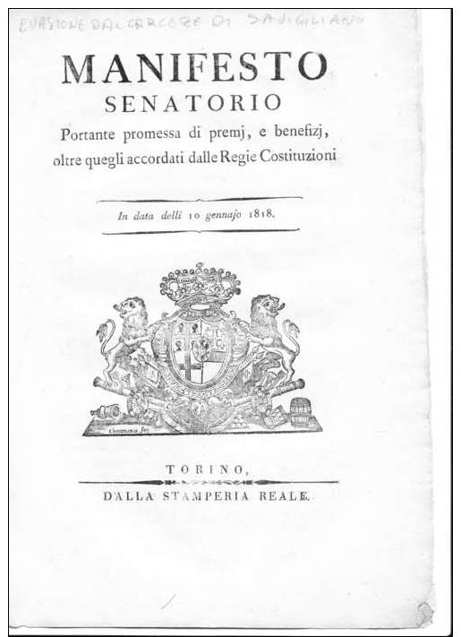 MANIFESTO SENATORIO EVASIONE DAL CARCERE DI SAVIGLIANO - Decretos & Leyes