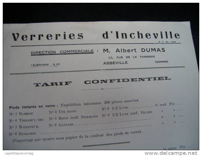 (AR1) Ancien Document, Verreries D'Incheville, Mr Albert Dumas 25 Rue De La Tannerie ABBEVILLE (Somme) - Art