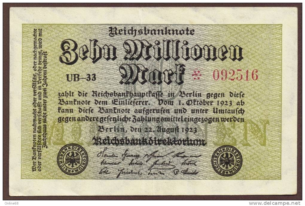 DEUTSCHES REICH 10 MILLIONEN MARK 22.08.1923 # UB-33 * 092516 P#106a - 10 Millionen Mark