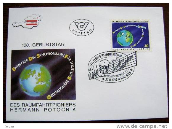 1992 AUSTRIA FDC 100 YEARS FROM BIRTH OF HERMAN POTOCNIK SATELLIT - Europe