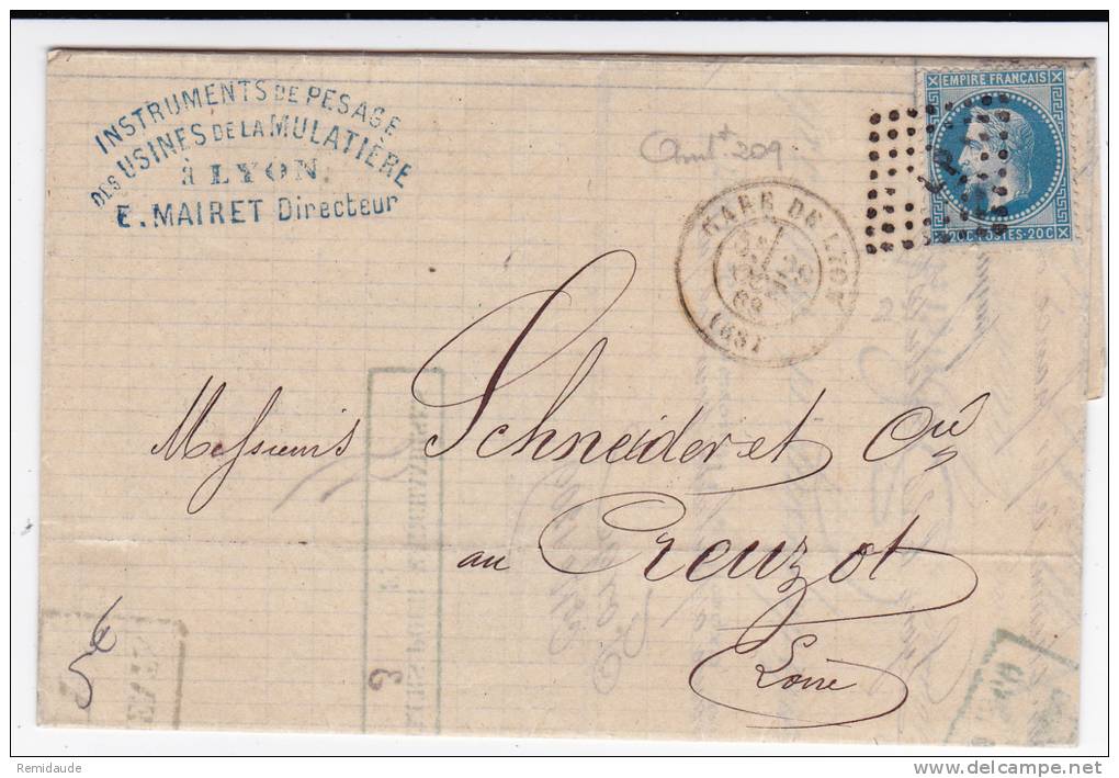 RHONE - 1869 - LETTRE De LYON Avec CACHET De GARE Pour LE CREUSOT - 1849-1876: Période Classique