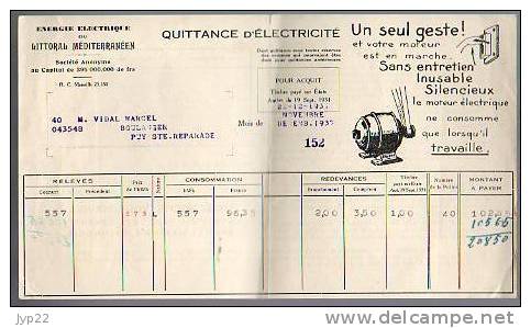 Facture Quittance Electricité Littoral Méditerranéen Marseille Du 22-12-1937 - Illustration Moteur électrique - Electricity & Gas