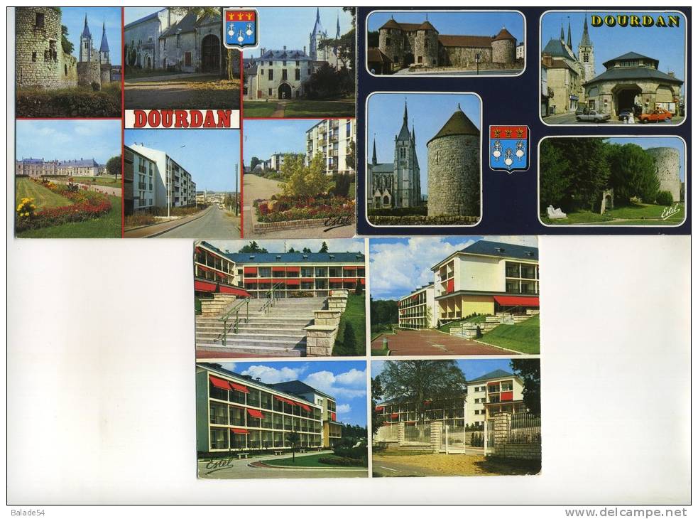 3 CPM - DOURDAN (91) Multivues (chateau - Plade De La Halle - Aglise - Maison De Retraite - ...) - Dourdan