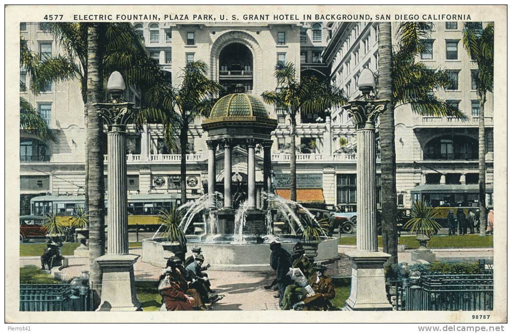 U.S.A. - CALIFORNIA - SAN DIEGO - Electric Fountain, Plaza Park, U.S. Grant Hotel In Background (1935) - San Diego