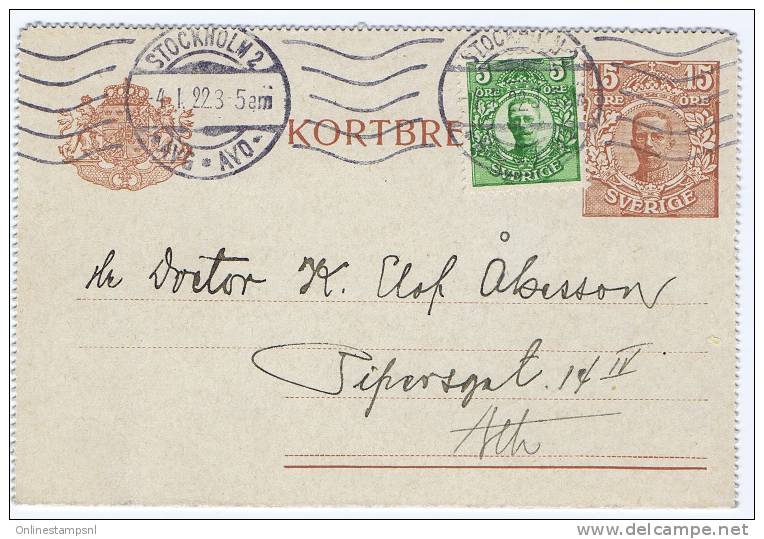 Sweden Kortbref Sveriges Riksbank Stockholm, 1922 With Extra Stamp - Entiers Postaux