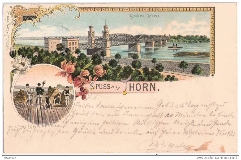 Gruss Aus Thorn Color Litho Eisenbahn Brücke Russia Flösser Auf Der Weichsel Torun Gelaufen 5.5.1901 - Westpreussen
