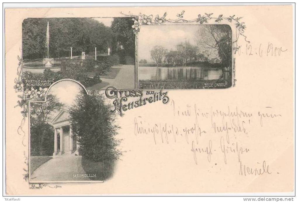 Gruss Aus Neustrelitz Parthie Aus Dem Schloßgarten Mausoleum Bade Insel Jugendstil Rahmung 12.6.1900 Gelaufen - Neustrelitz