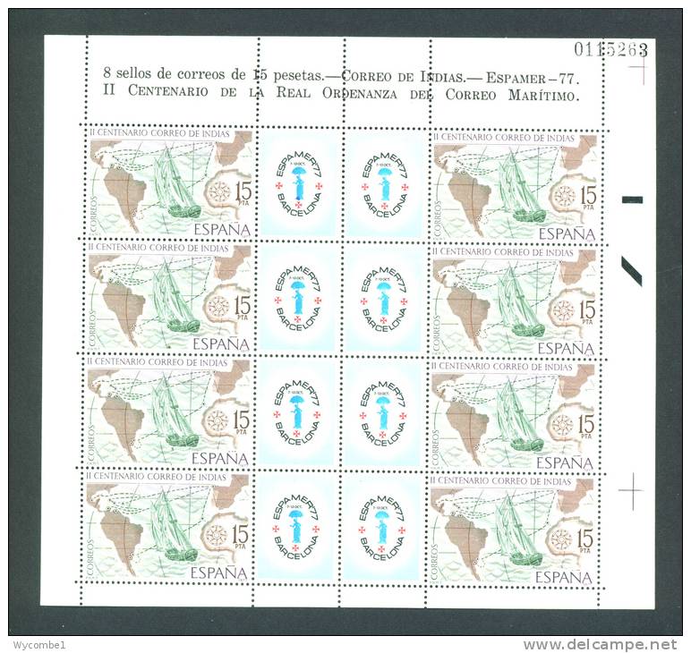 SPAIN  -  1977  Mail To The Indies  Stamp Exhibition  Miniature Sheet  UM - Blocks & Sheetlets & Panes