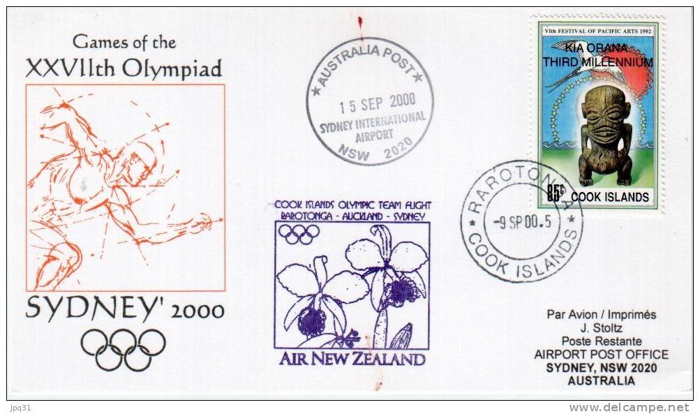 Carte Vol Spécial Air New Zealand Rarotonga - Auckland - Sydney 09/09/2000 - équipe Olympique Des Iles Cook - Summer 2000: Sydney