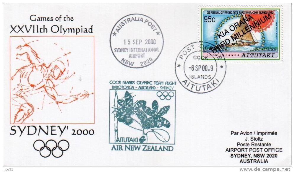 Carte Vol Spécial Air New Zealand Aitutaki - Rarotonga - Auckland - Sydney 08/09/2000 - équipe Olympique Des Iles Cook - Verano 2000: Sydney