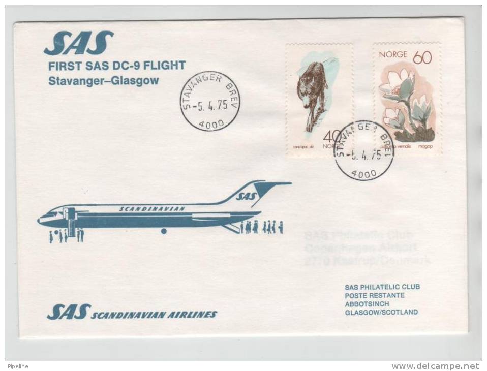 Norway First SAS Flight DC-9 Stavanger - Glasgow 5-4-1975 Good Stamped Cover - Storia Postale