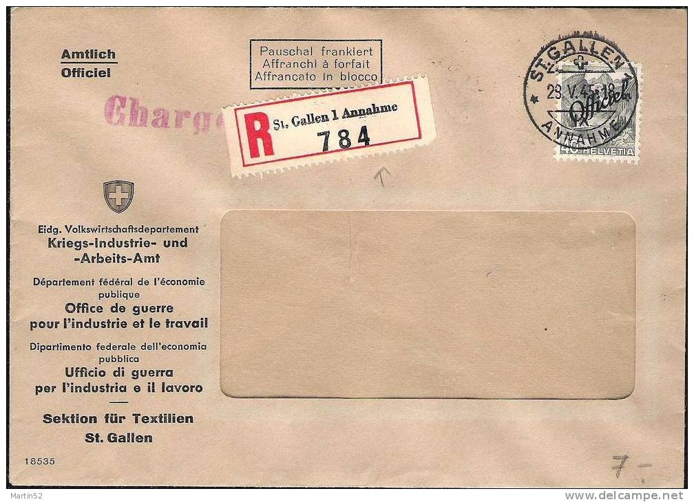 Schweiz Suisse 1944: Officiel N° 54 Auf R-Brief Mit Fenster Des Eidg.Volkswirtschaftsdept., Mit ⊙ ST.GALLEN 13.I.44 - Service