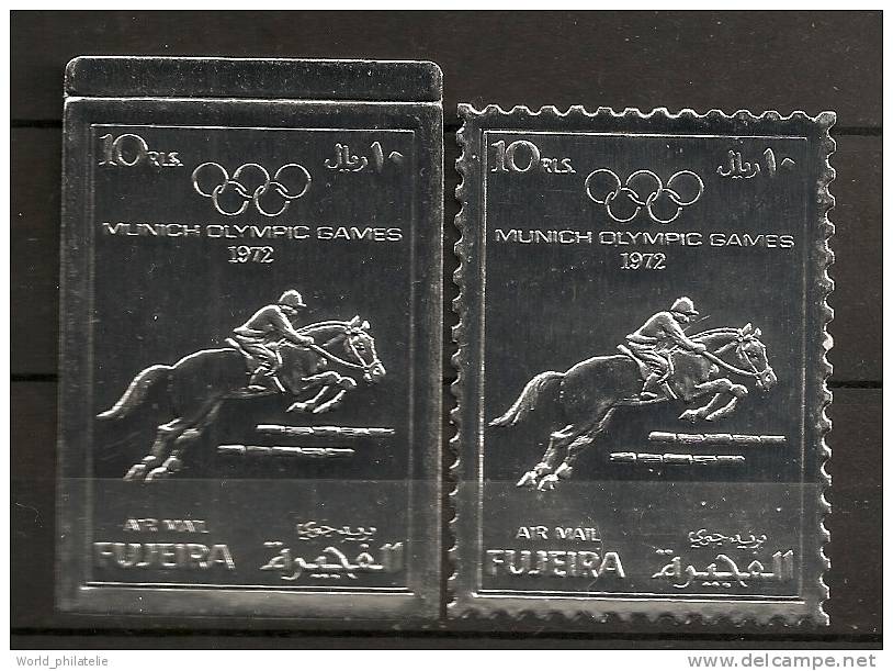 Fujeira 1972 Timbre En Argent Dentelé Et Non Dentelé ** JO, Jeux Olympiques, Munich, Cheval, Equitation, Saut D´Obstacle - Fujeira