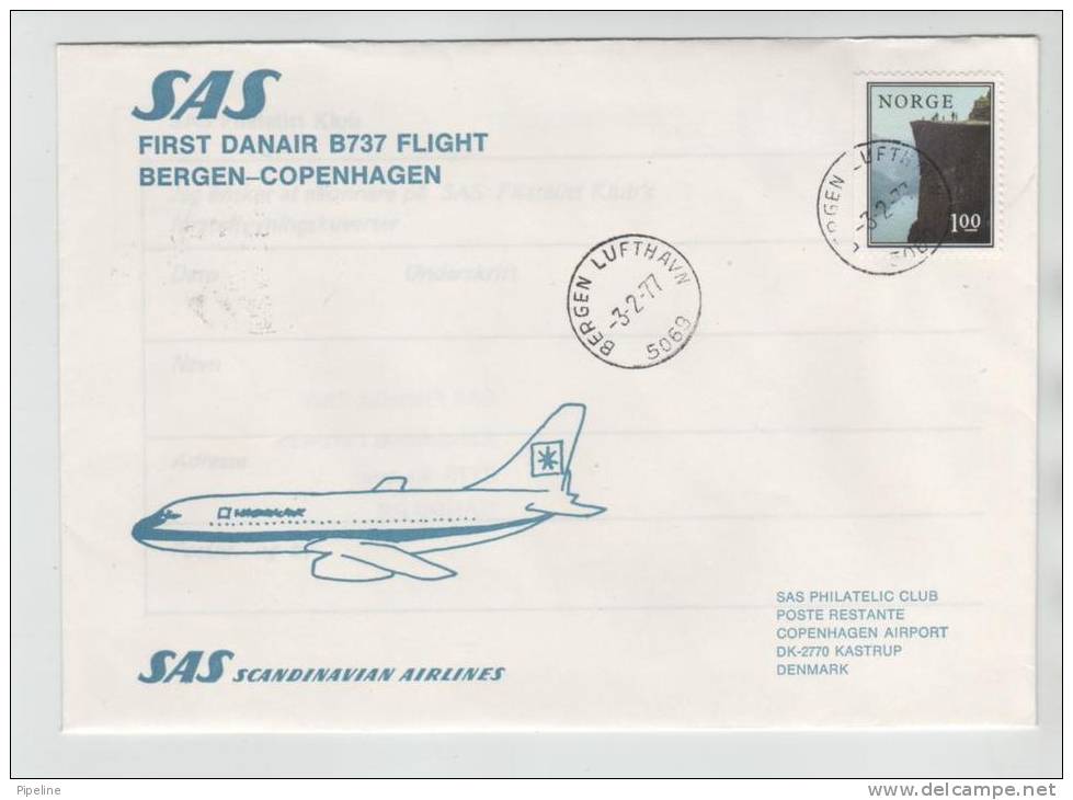 Norway First SAS Danair B737 Flight Bergen - Copenhagen 3-2-1977 - Covers & Documents