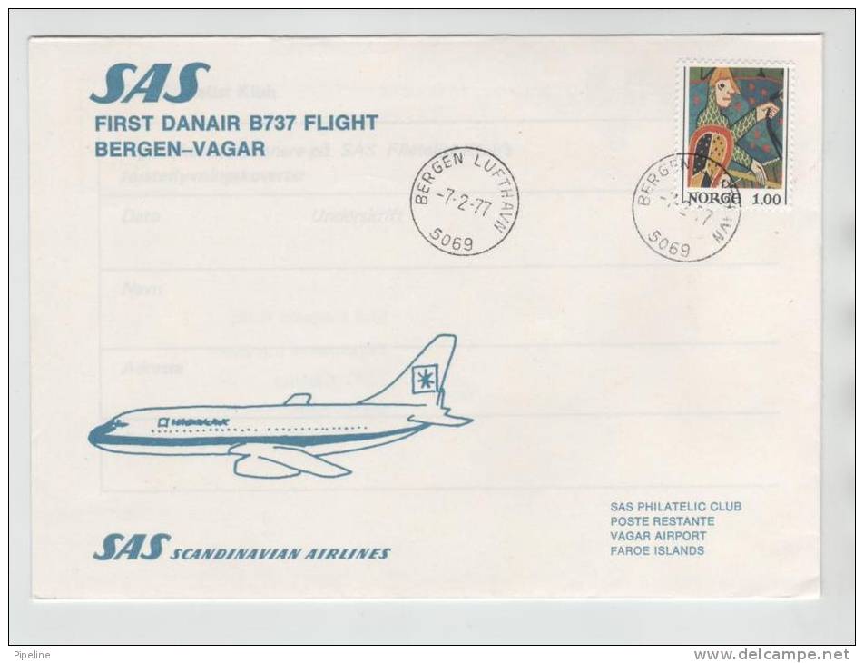 Norway First SAS Danair B737 Flight Bergen - Vagar Faroe Islands 7-2-1977 - Covers & Documents