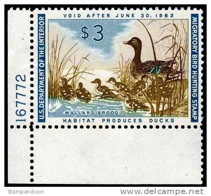 US RW28 XF Mint NH Duck Stamp From 1961 Plate No. Attached At Left - Duck Stamps