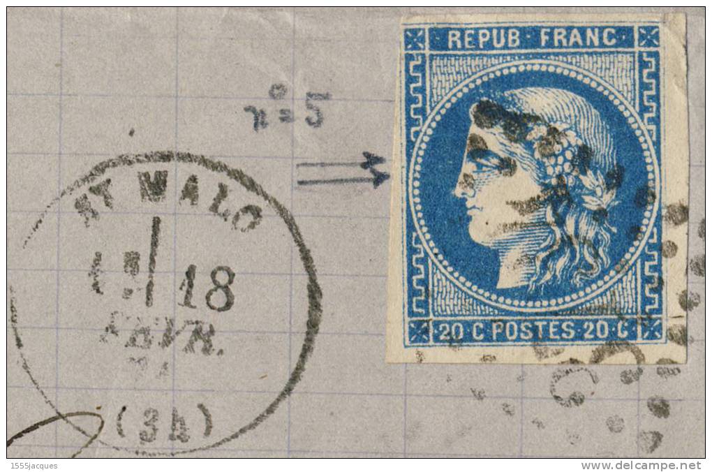 N° 46B III REP. 2 CÉRÈS ÉMISSION DE BORDEAUX 1870 SUR FRAGMENT - BLEU FONCÉ - OBLITÉRÉ B / TB - SAINT-MALO - 1849-1876: Période Classique