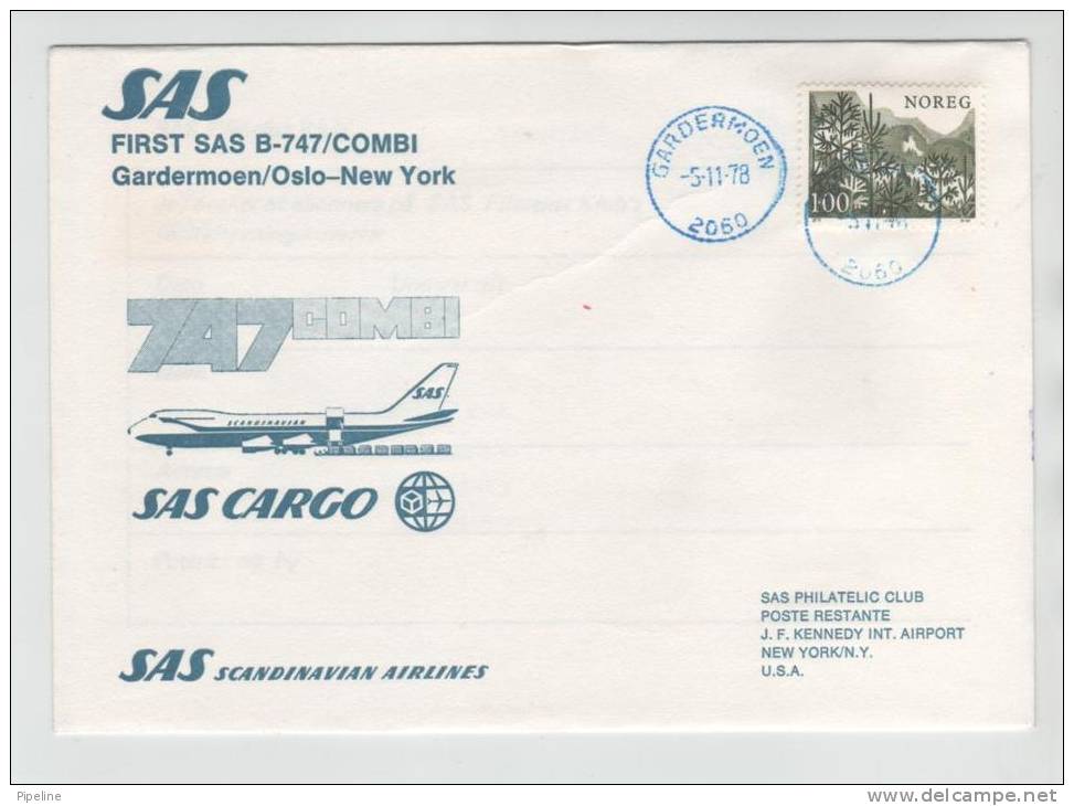 Norway First SAS Boeing 747 Combi Flight Oslo - New York 5-11-1978 - Covers & Documents