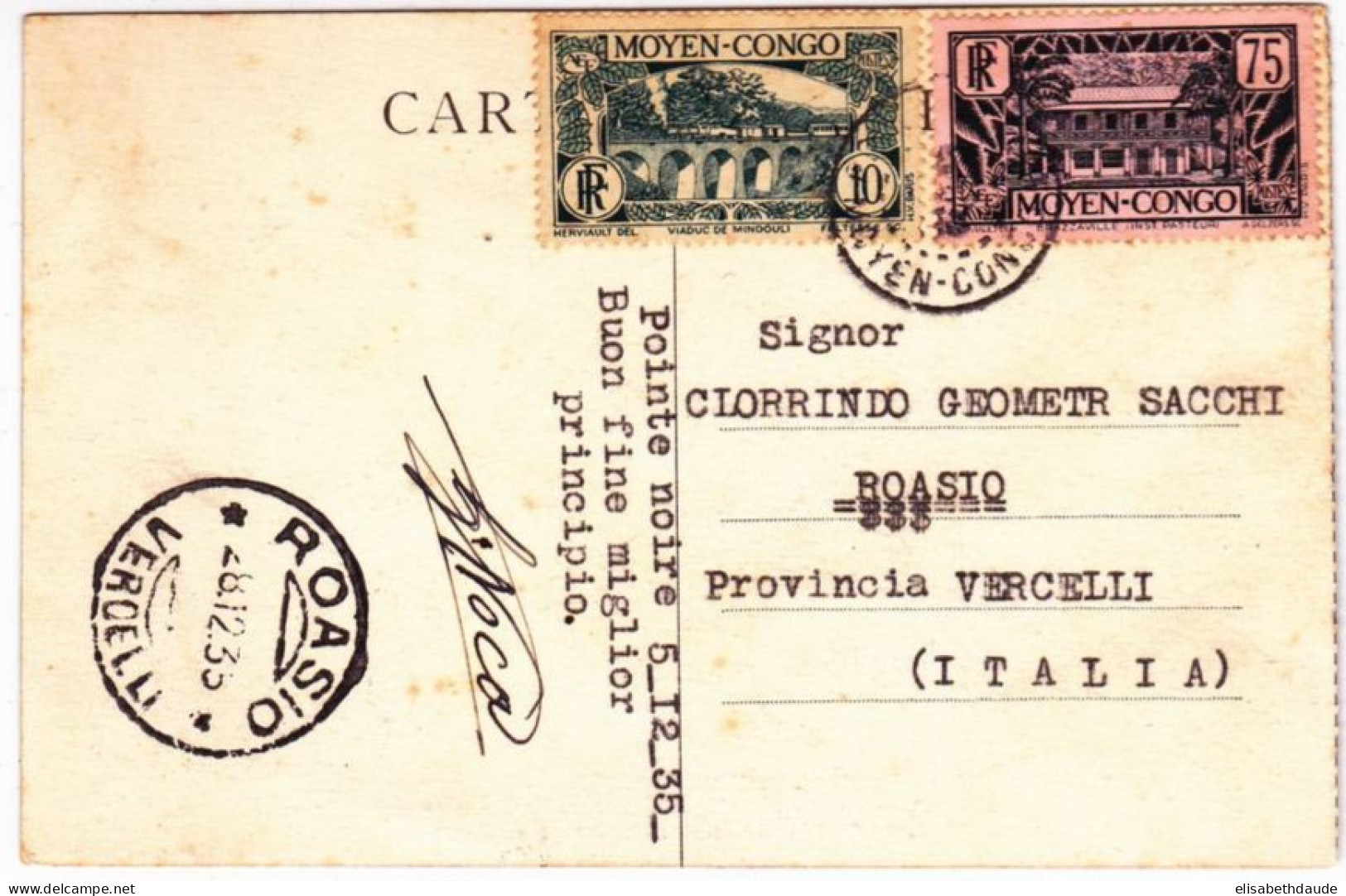 MOYEN-CONGO - 1935 - RARE YVERT N°126 Sur CP De LOANGO OBLITEREE De POINTE NOIRE Pour ROASIO (ITALIA) - Storia Postale
