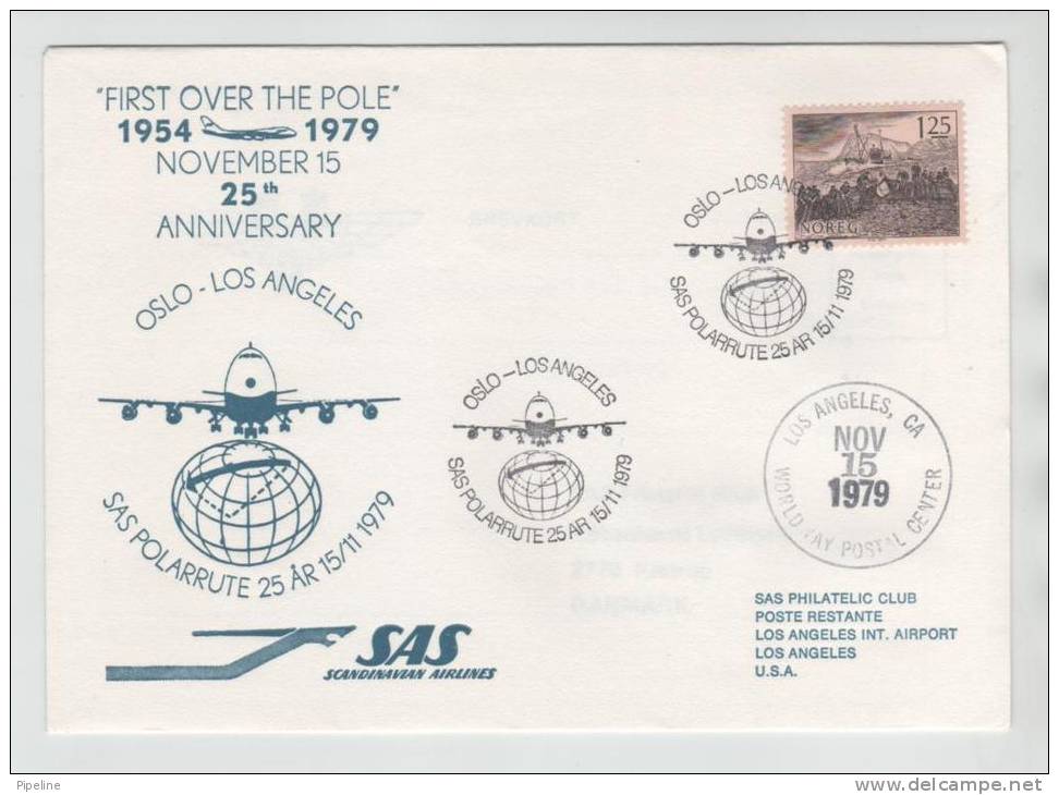 Norway Flight Cover SAS FIRST OVER THE POLE 1954 - 1979 25th Anniversary Oslo - Los Angeles 15-11-1979 - Lettres & Documents