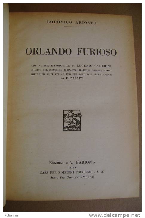 PAV/22 Lodovico Ariosto ORLANDO FURIOSO Ed.Barion 1933 - Classiques