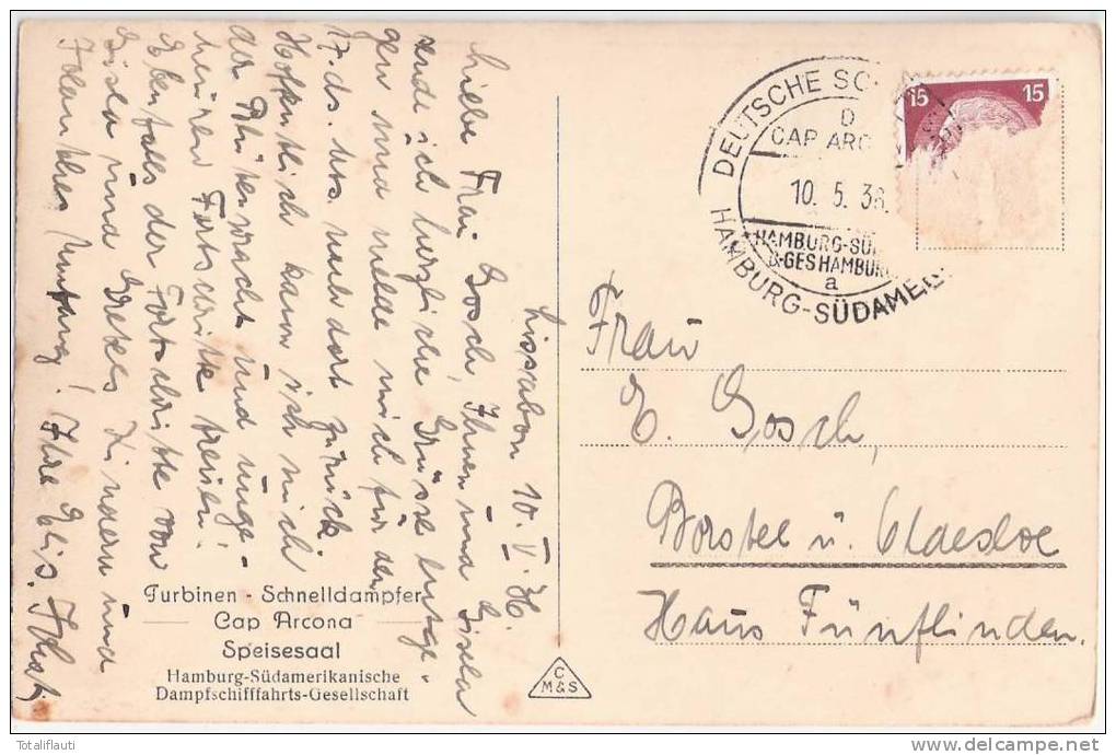 Deutsche Schiffspost Hamburg Südamerika 10.5.1936 Auf AK Dampfer Cap Arcona Innen Speisesaal - Maschinenstempel (EMA)