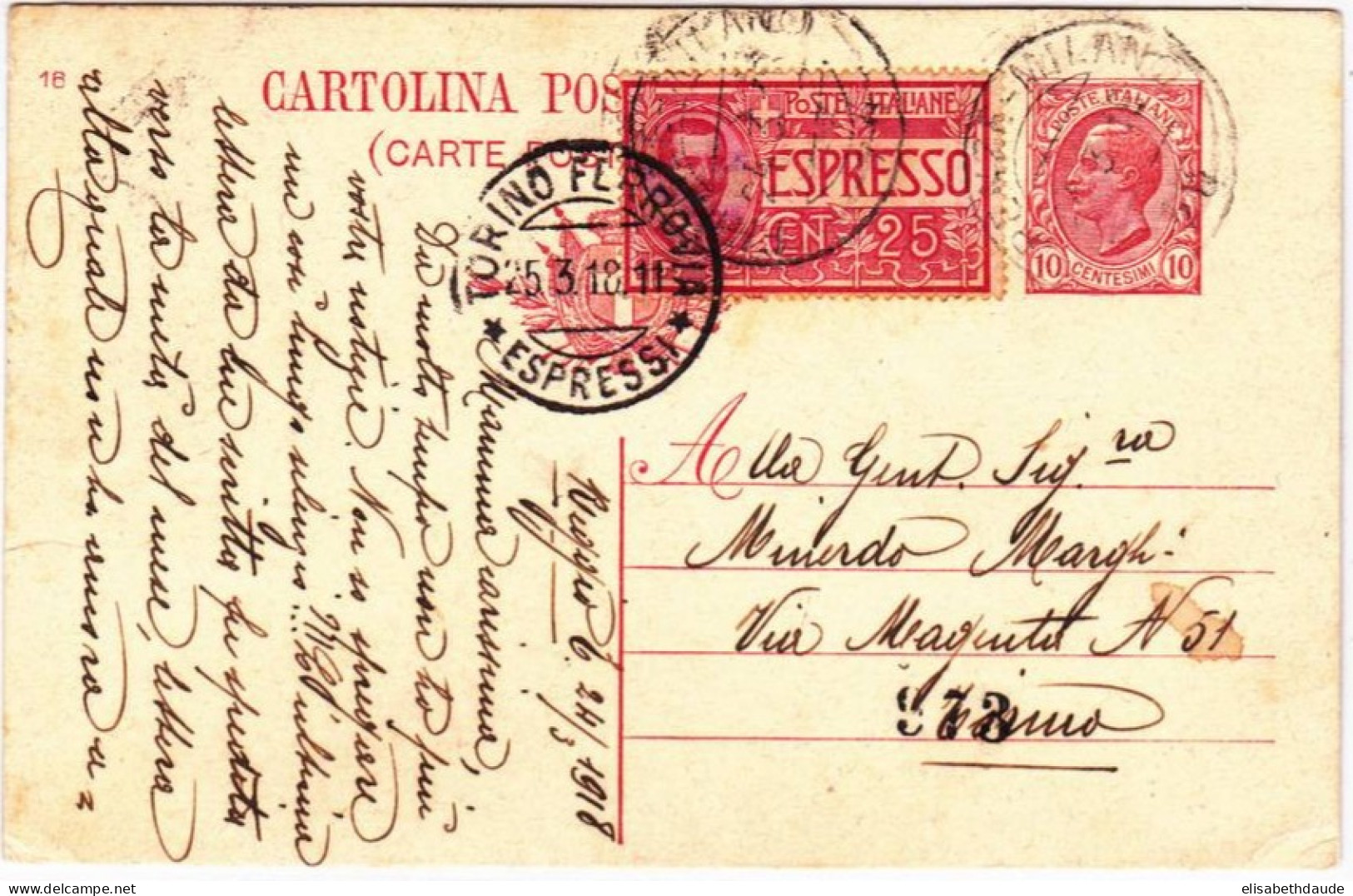 ITALIE - POSTE EXPRES - 1918 - CARTE POSTALE ENTIER De REGGIO Pour TORINO Avec AMBULANT "FIRENZE-MILANO" - Poste Exprèsse