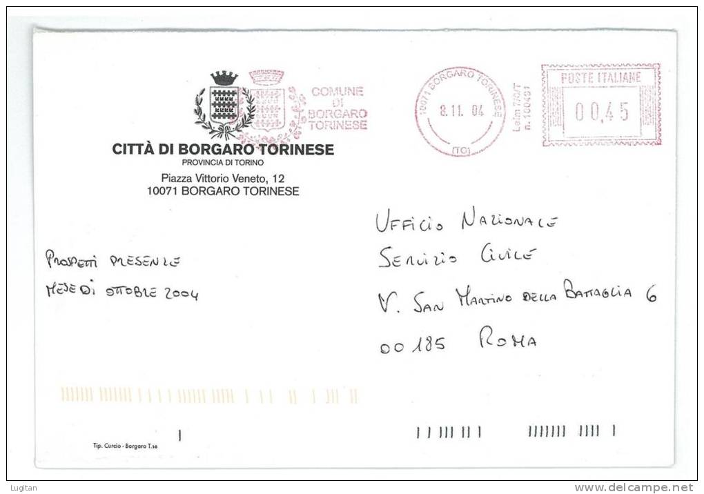 BORGARO TORINESE CAP 10071  PROV. TORINO - ANNO 2004 - TO - AA - PIEMONTE -TEMATICA COMUNI D'ITALIA - STORIA POSTALE - Macchine Per Obliterare (EMA)