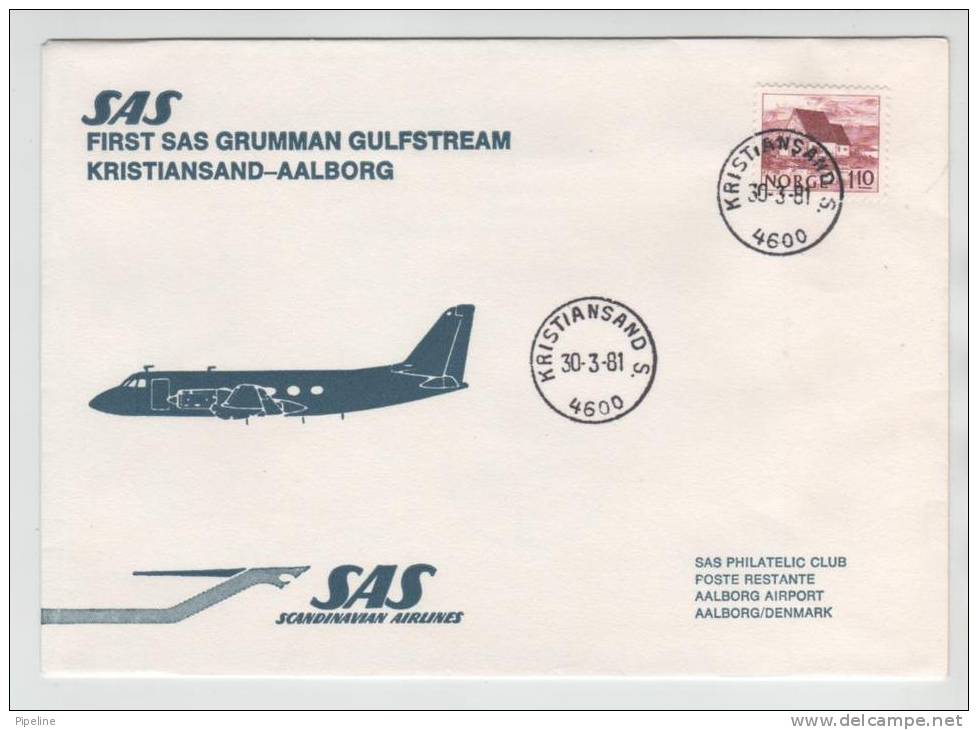 Norway First SAS Grumman Gulfstream Flight Kristiansand - Aalborg 30-3-1981 - Lettres & Documents