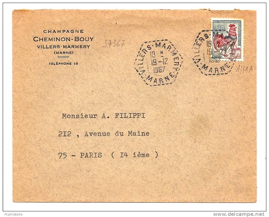 30C COQ OBL TÀD HEX TIRETÉ DE RECETTE AUXILIAIRE VILLERS-MARMERY-MARNE 1967 - 1961-....