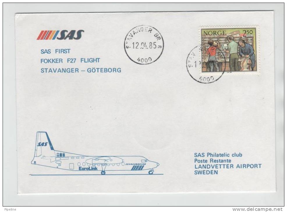 Norway First Fokker F-27 Flight Stavanger - Göteborg 12-4-1985 - Lettres & Documents