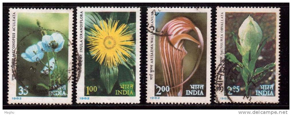 India Used 1982, Set Of 4, Himalyan Flowers - Oblitérés