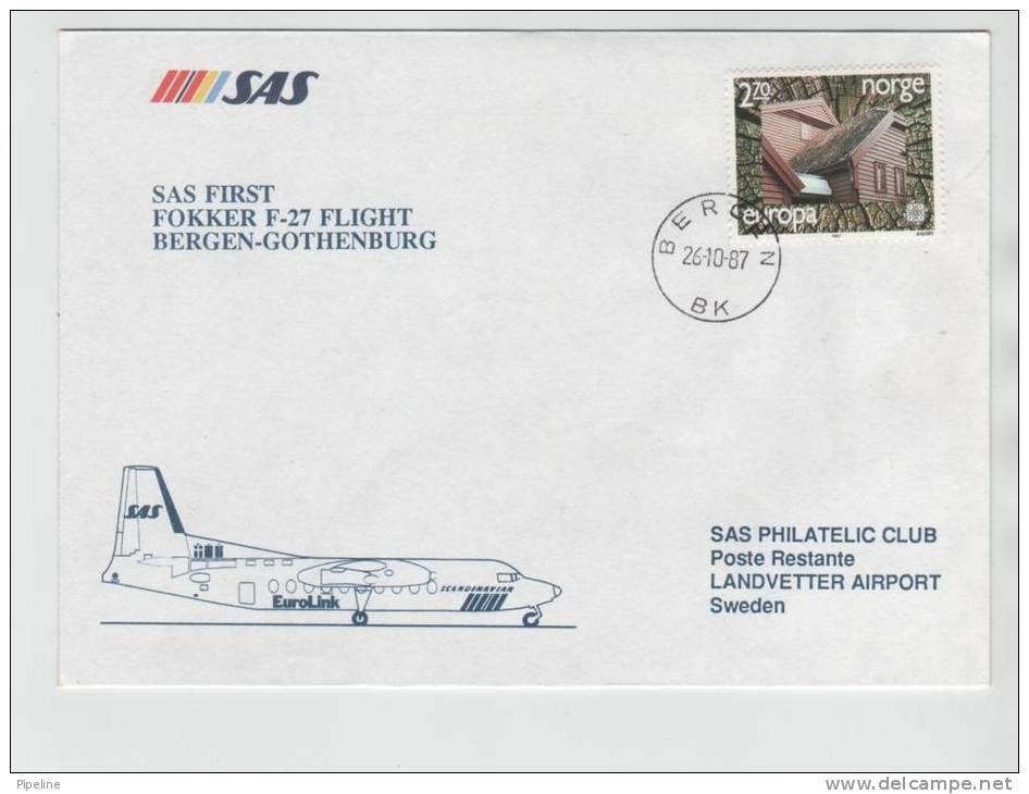 Norway First SAS Fokker F-27 Flight Bergen - Göteborg 26-10-1987 - Lettres & Documents