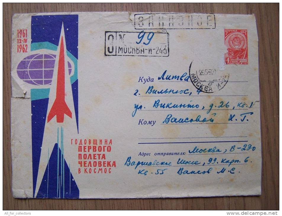 USSR Registered Postal Stationery Sent From Russia Moscow To Lithuania On 1962 Space Cosmos Rocket - Briefe U. Dokumente