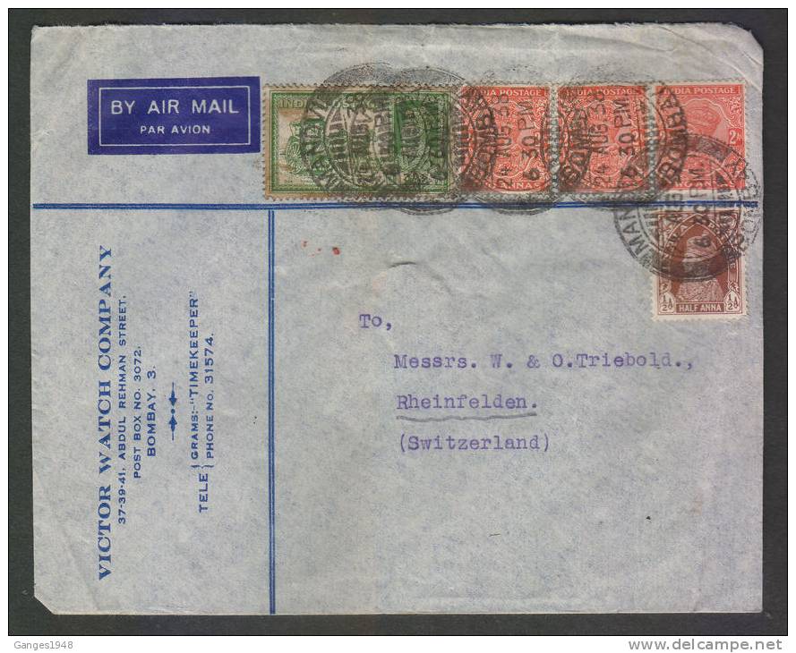 India 1938 KG V &amp; VI MIX FRANKING  WRIST WATCH Cover # 29740 Inde Indien - 1936-47 Koning George VI