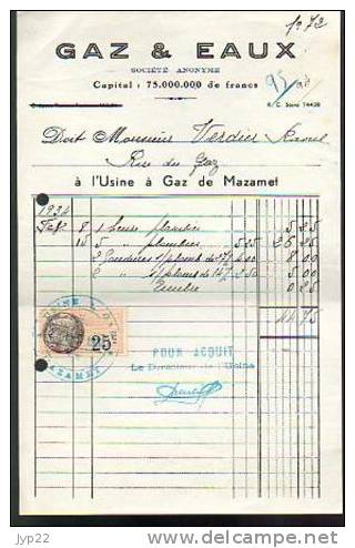 Facture Gaz Et Eau Usine à Gaz De Mazamet Du 28-02-1934 Pour Mr Verdier ... Rue Du Gaz - Tp Fiscal 25c - Electricity & Gas